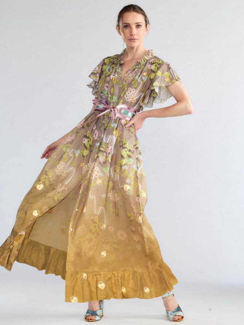 NWT Cynthia Rowley Floral Ruffle Trim Button-Front Maxi Dress